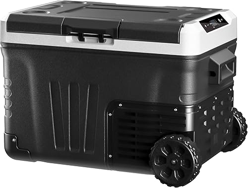 EKOJUCE Refrigerador portátil de 12 voltios, refrigerador eléctrico de 37 cuartos (35 litros), zona grande con 2 cestas y ruedas, refrigerador de 12