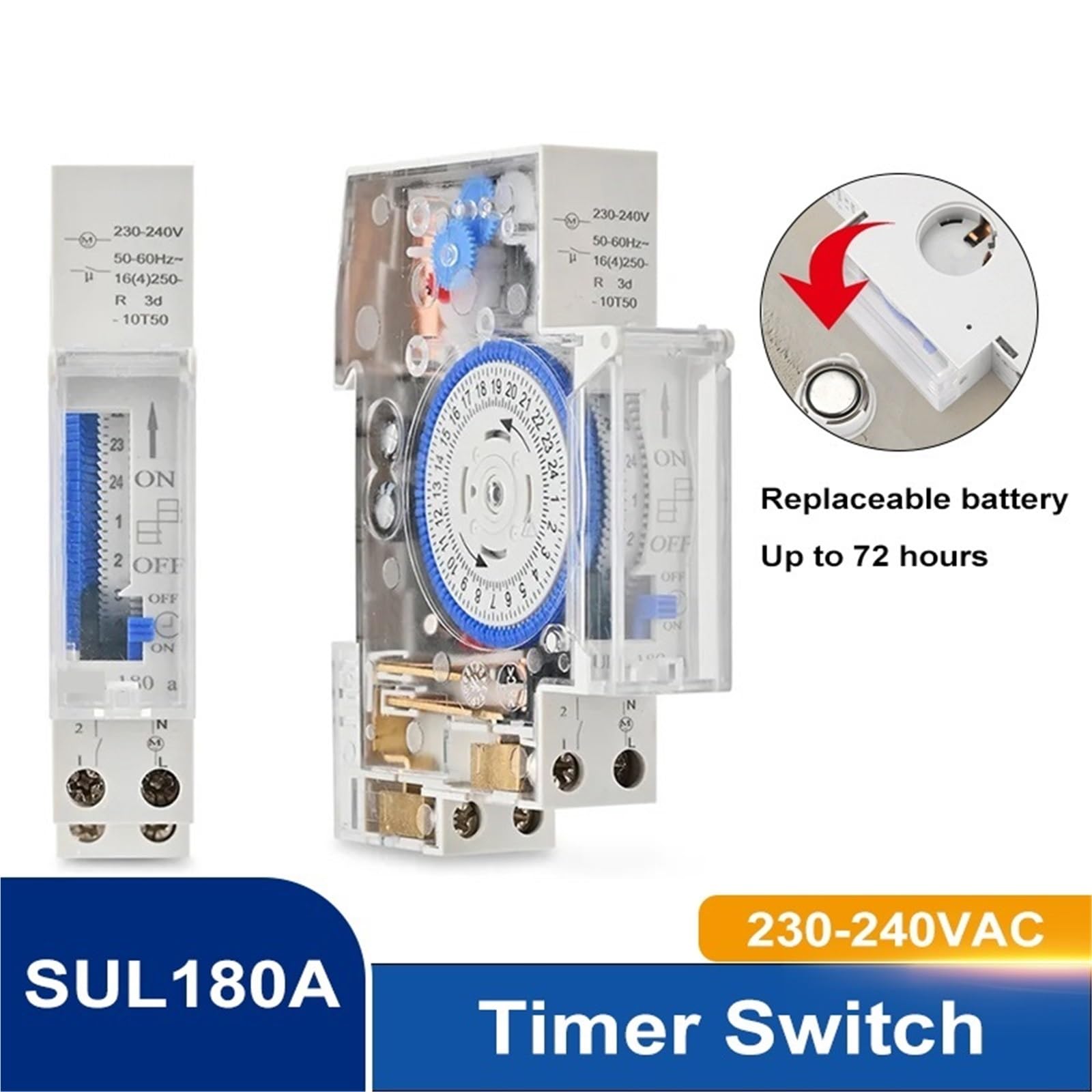SUL180A, Carril DIN, 24 Horas, Interruptor de Temporizador mecánico, análogos de relé, Temporizador eléctrico programable, batería de 220V 16A