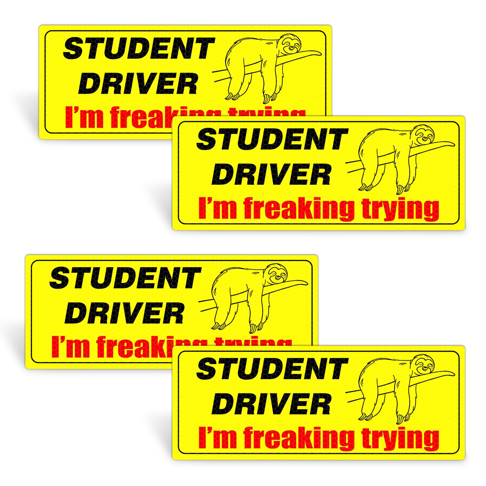 4PCS Student Driver Magnet Car Sloth Sticker, Funny Reusable Removable Vehicle Bumper Sign Stickers for New Drivers, Automotive Exterior Accessories for Safety Warning Red and Yellow Reflective Signs