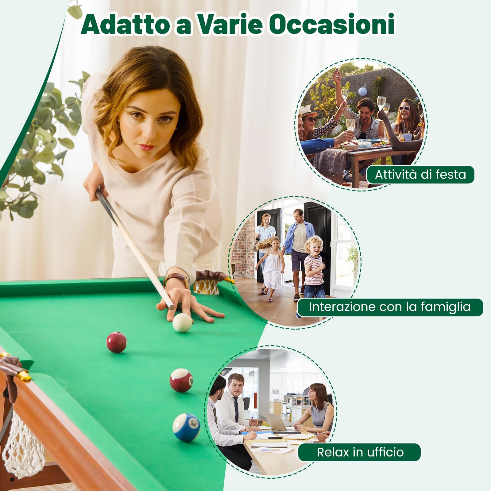COSTWAY Set Tavolo da Biliardo Pieghevole, Tavolo da Gioco Biliardo Portatile con Livellatori Regolabili per Piedi, 2 Stecche 2 Gessi 16 Palline Spazzola, per Giochi in Famiglia Bar, 138x67x79,5 cm