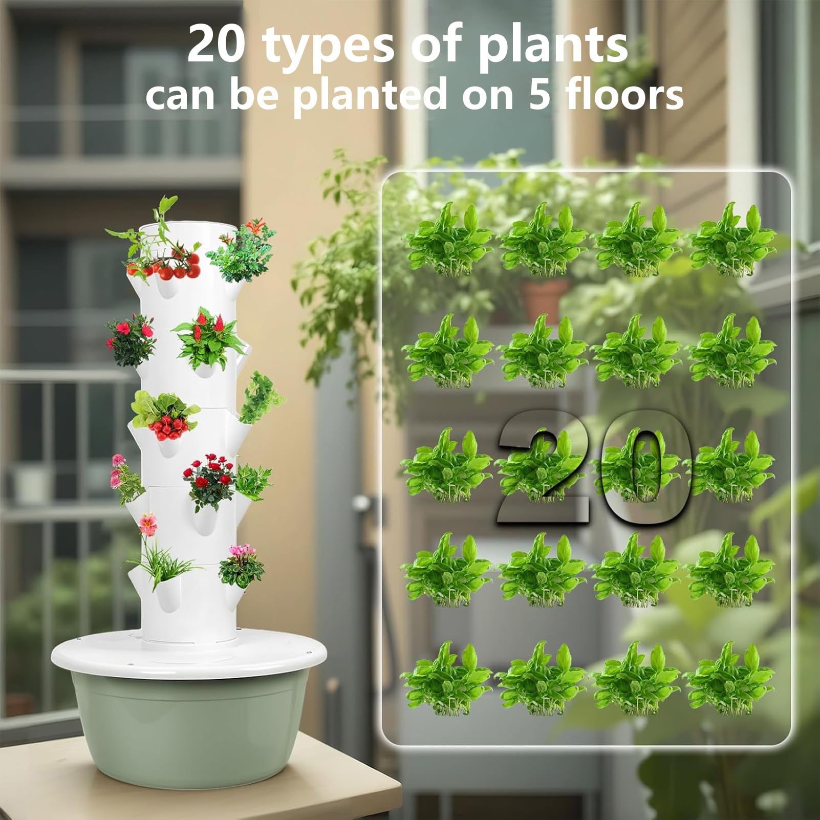 Hydroponic Tower Growing System Hydrokultur Turm Vertical Grow Tower Pflanzturm mit Pumpe und beweglichem Wassertank für Indoor Hydroponic Gardening Hydro Tower Green-5Layer