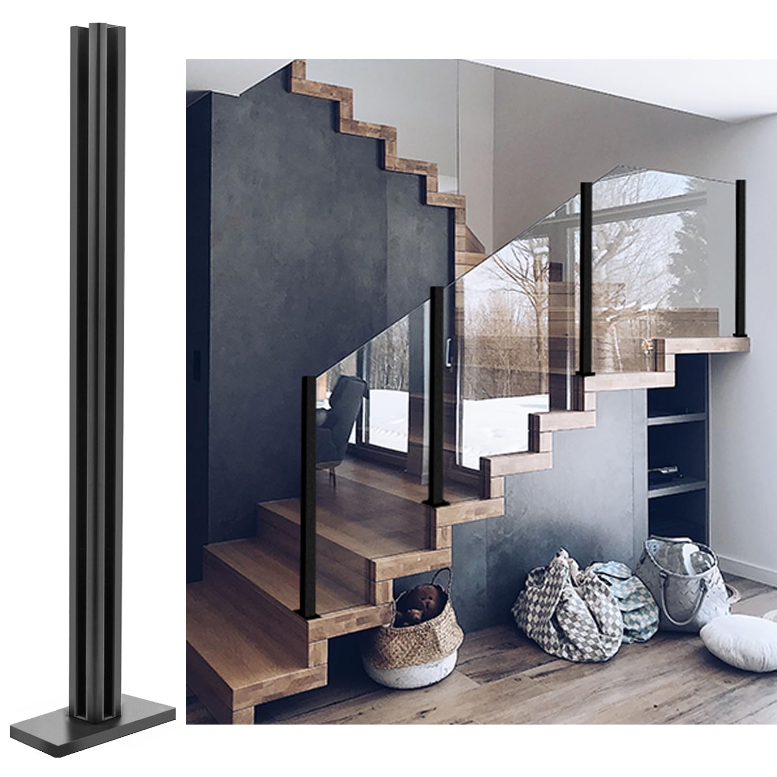 Qrooviiy 35.6in ​Glass Railing Post,T304 Stainless Steel Post with Spigot Slots for Thickness 5/16"-1/2"(8mm-12mm) Glass/Plastics,Pool Fence