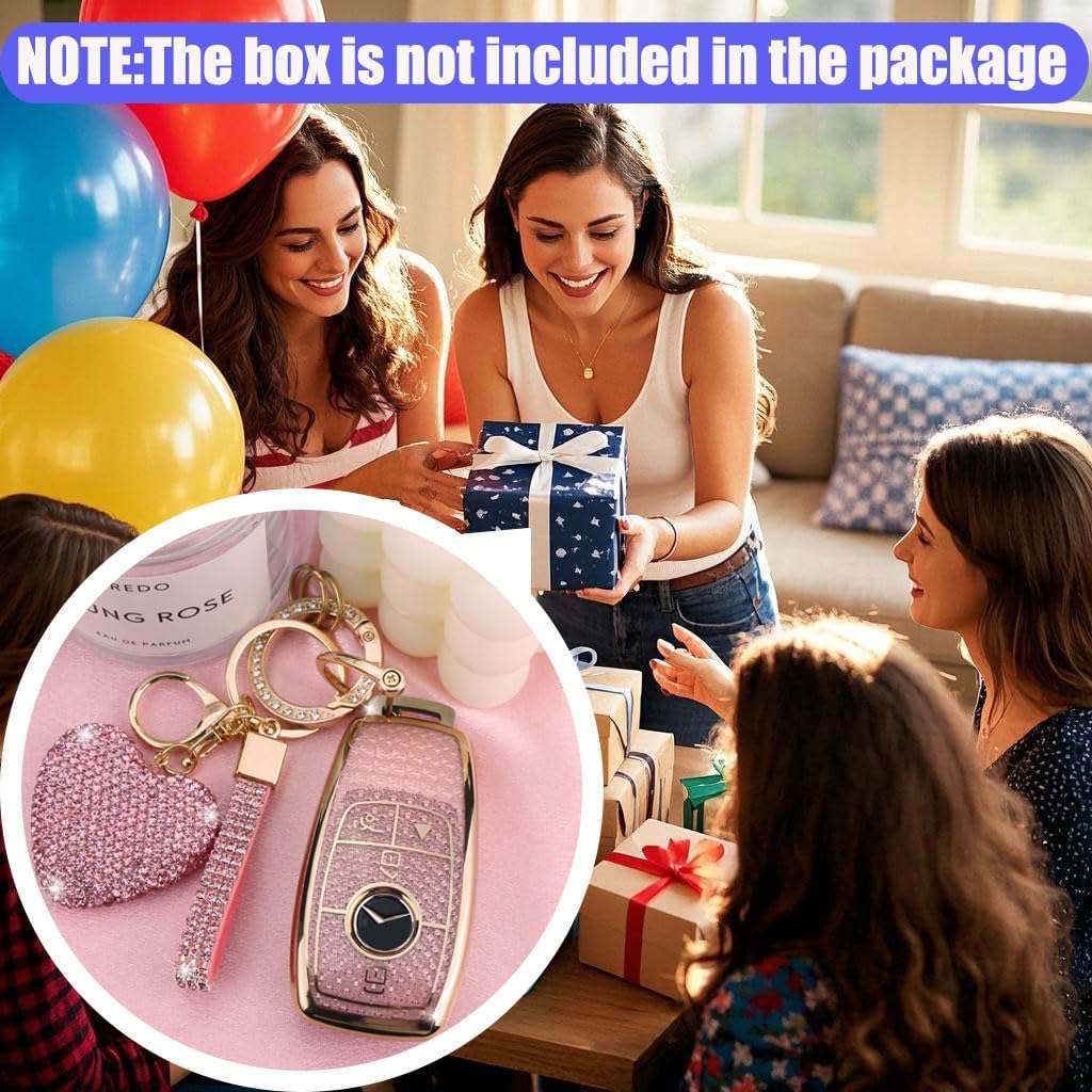 Key Fob Cover with Diamond Keychain Car Key Holder Compatible with Benz 2017-2021 E-Class 2018-2021 S-Class 2019-2021 A-Class C-Class G-Class for Women, 4 Buttons (Pink-Heart) - Image 6