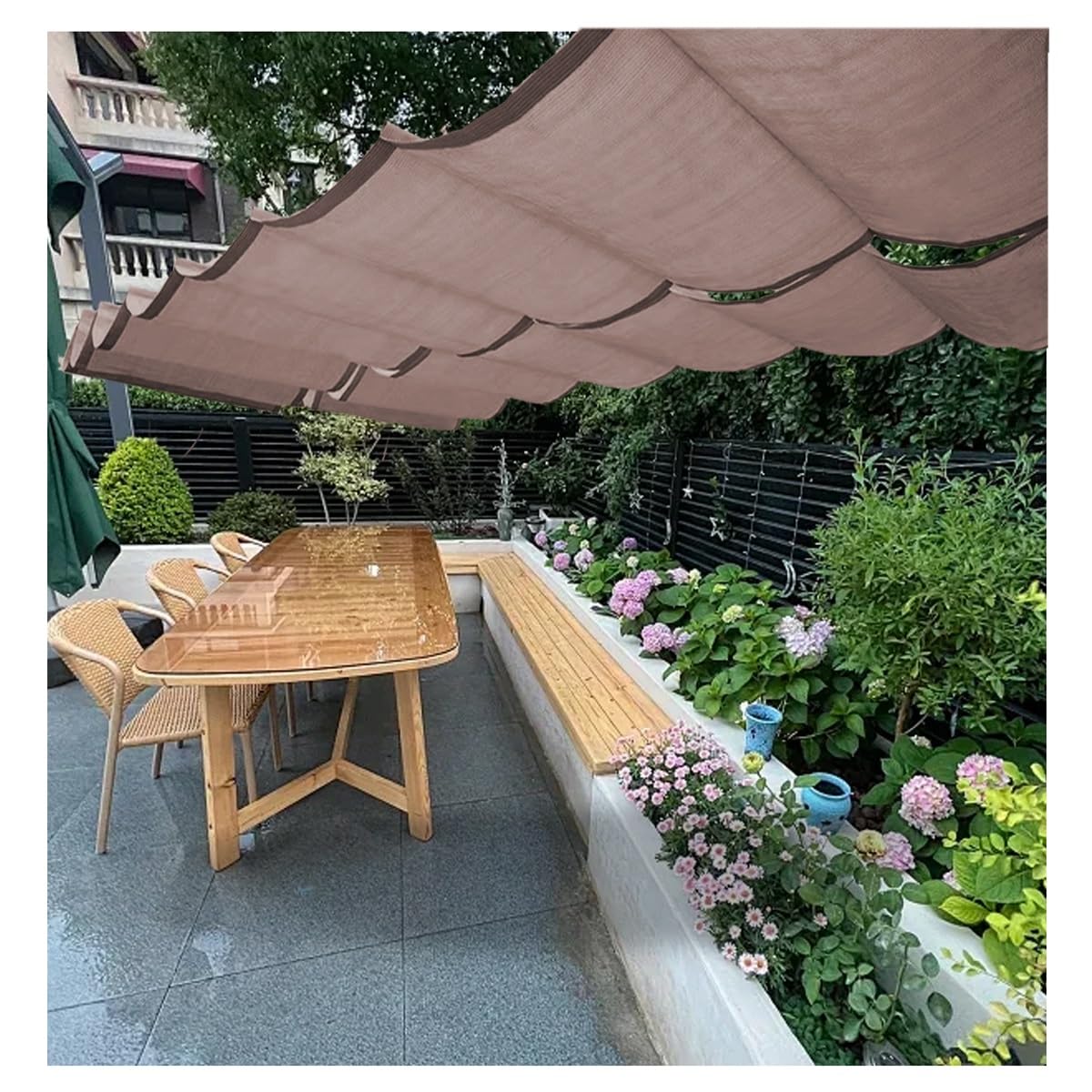 Wysuwana pergola, żagiel przeciwsłoneczny, markiza na patio, werandę, do ogrodu, na taras, konfigurowalny kształt litery U