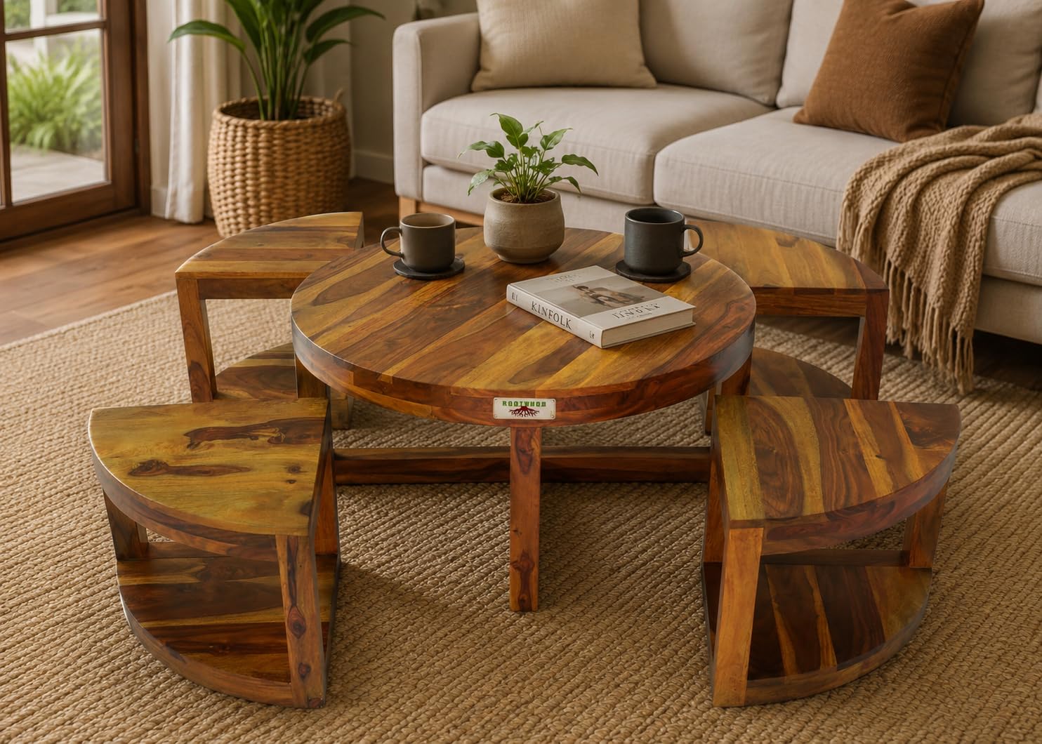 Sheesham Wood Round Coffee Table for Living Room with 4 Stool (Mapple Honey)-image-46