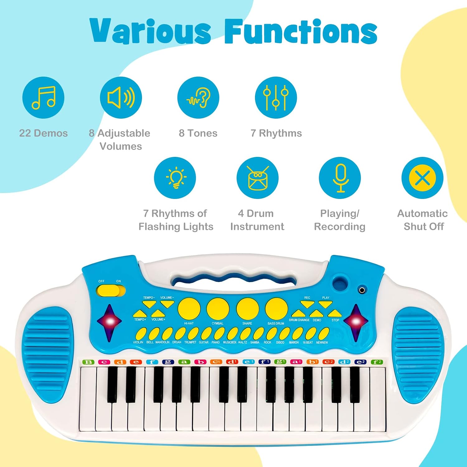 HONEY JOY Kids Piano Keyboard, 31-Key Electronic Piano Educational Musical Instrument Toy with Microphone, Sounds, Record Playback, Lights & Stool, Gift for Girls Boys (Blue)