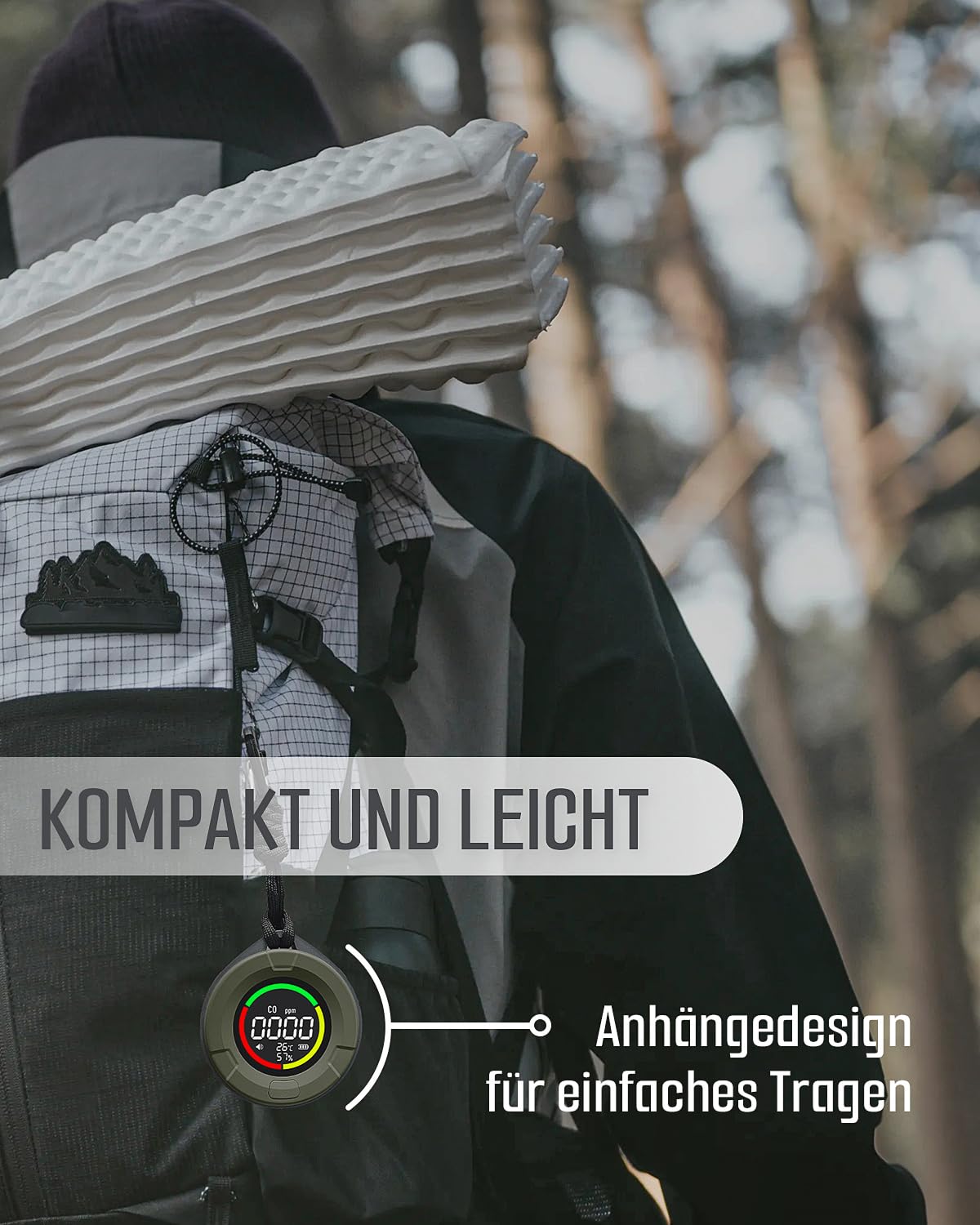 GasDoc DS-100 Tragbarer Kohlenmonoxid-Detektor, 3-in-1 CO-Detektor für Reisen & Camping, Wiederaufladbares CO-Messgerät mit akustischem & visuellem Alarm, CO-Alarm für Zuhause & Auto - Dunkelwald