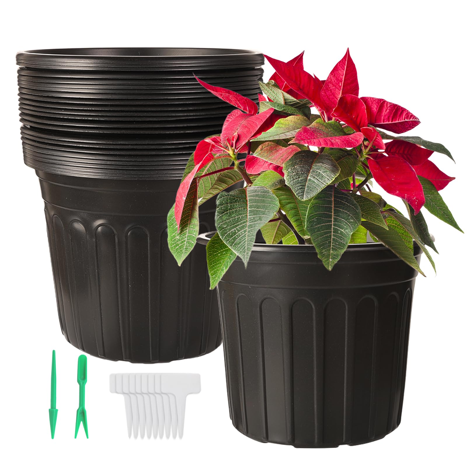 24 Pack 2 Gallon Nursery Pots, Thickened Soft Black Plastic Plant Pots with 24Pcs Waterproof Plastic T-Type Plant Tags and 2Pcs/Set Transplanting Digging Mini Tools