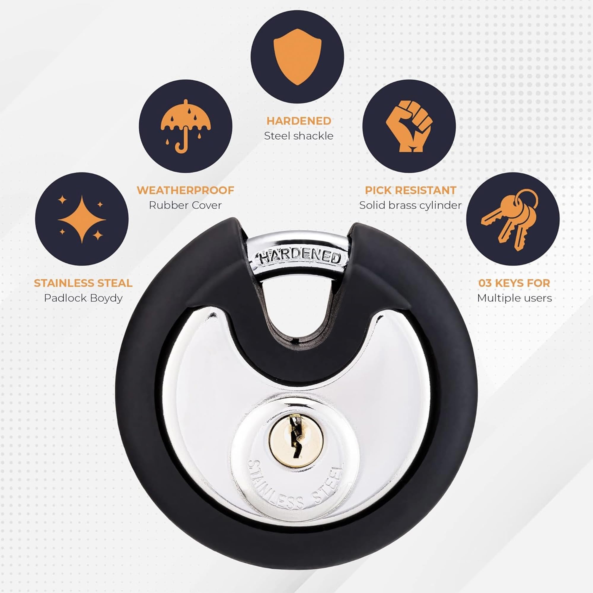 Satargo Heavy Duty Disc Padlock, 74mm Round Lock with Rubber Cover, Stainless Steel Body, Hardened Steel Shackle, 3 Keys - Image 2