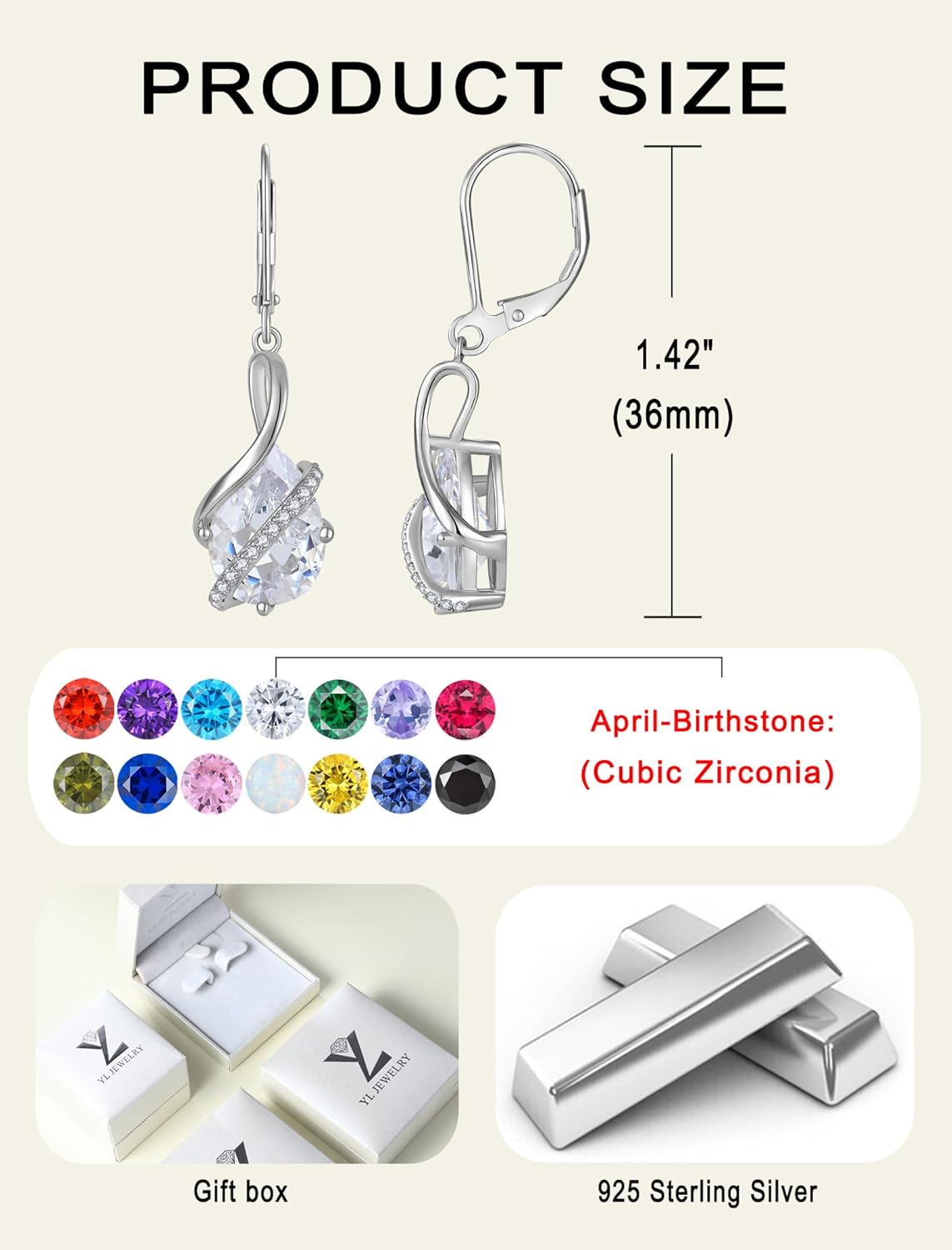 YL Teardrop Dangle Earrings 925 Sterling Silver Infinity Drop Earrings 8x12 MM Birthstone Jewelry for Women - Image 6