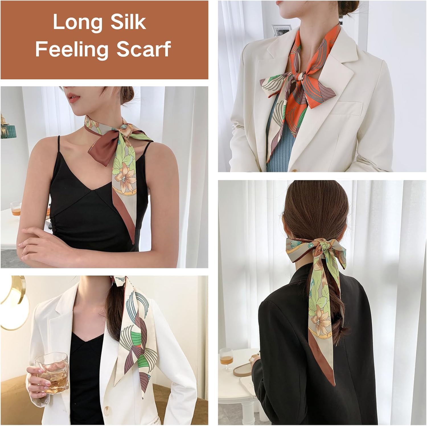 2 Pack Silk Purse Scarf For Handbags Head Hair Ribbon Fashion Skinny Scarf For Women Long Neckerchief - Image 7