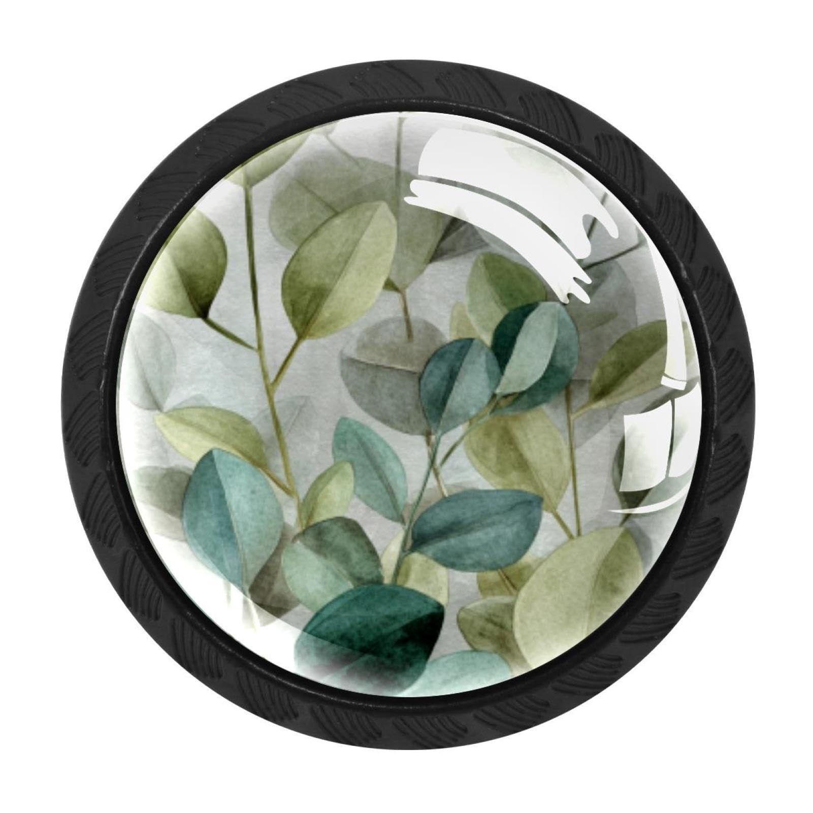 CHENZZZZ 4 Pack Black Watercolor Eucalyptus Green Gray Sage to Cabinet Pulls with Screws, Kitchen Cabinet Knobs Hardware