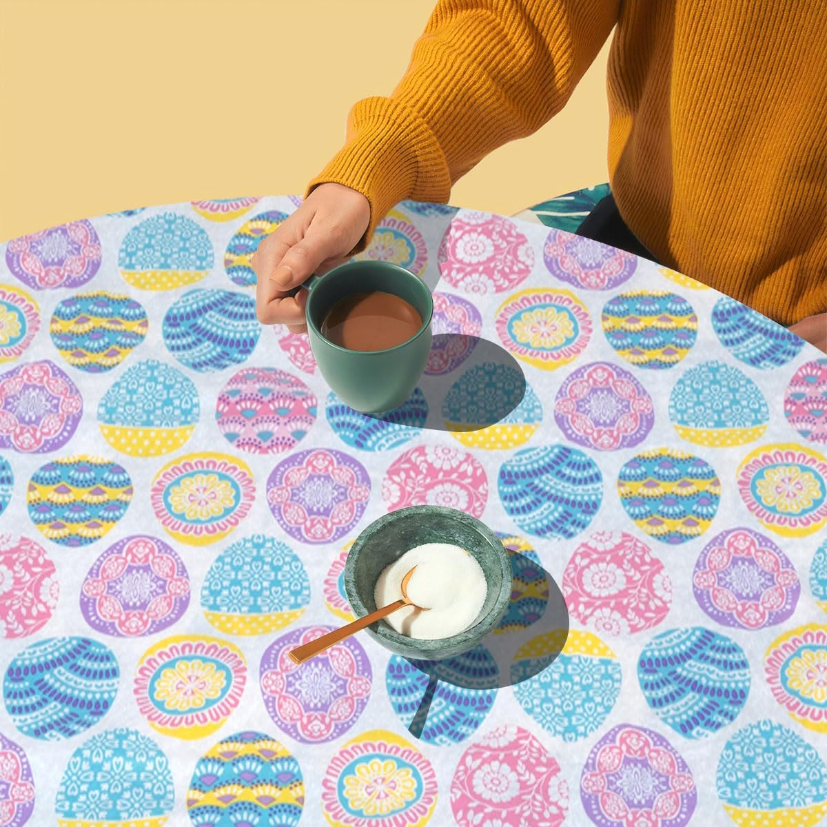 Covers For The Home Deluxe Elastic Edged Flannel Backed Vinyl Fitted Table Cover - Easter Pattern - Extra Large Round Best for 57"- 65" Round