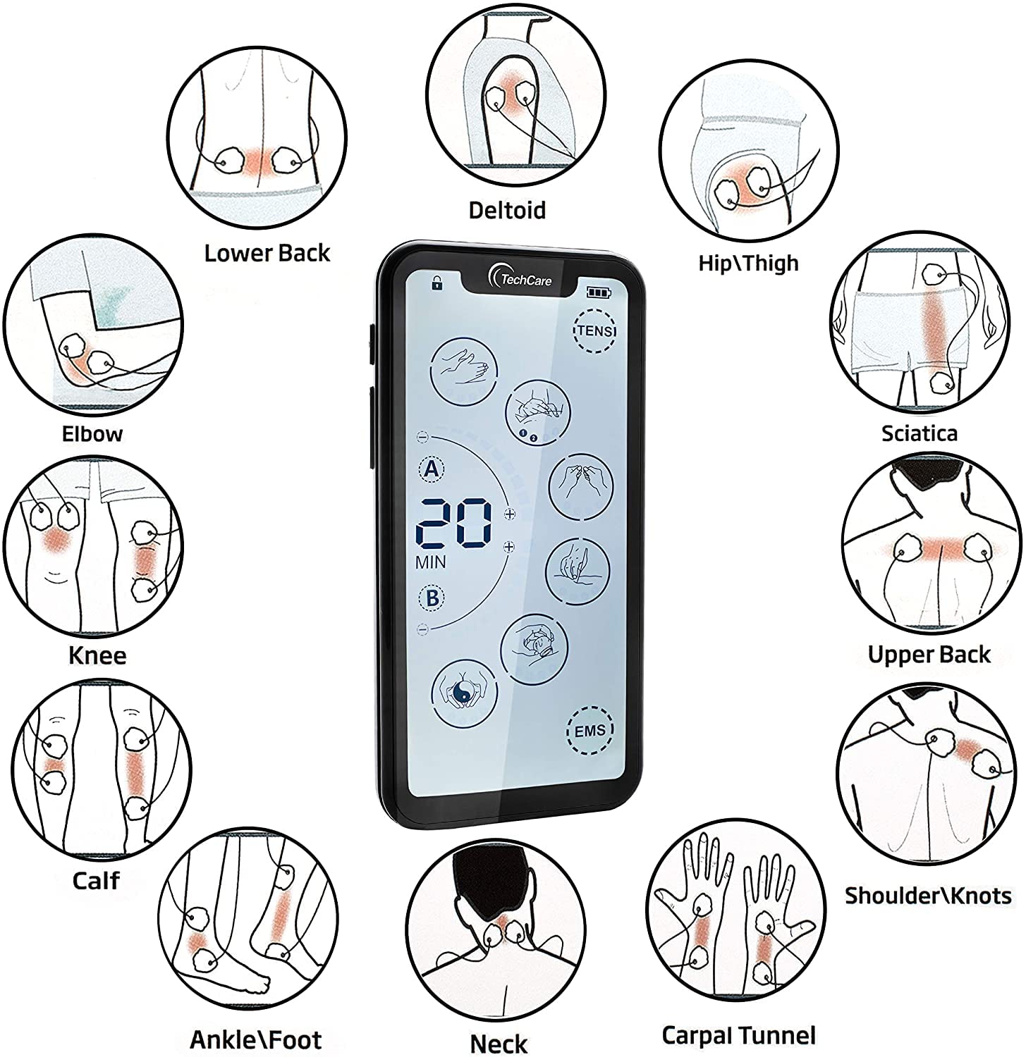 TechCare Massager Stymulator mięśni - Jednostka Dziesięciu 24 Trybów, Ekran Dotykowy Masażu Pulsu Ems