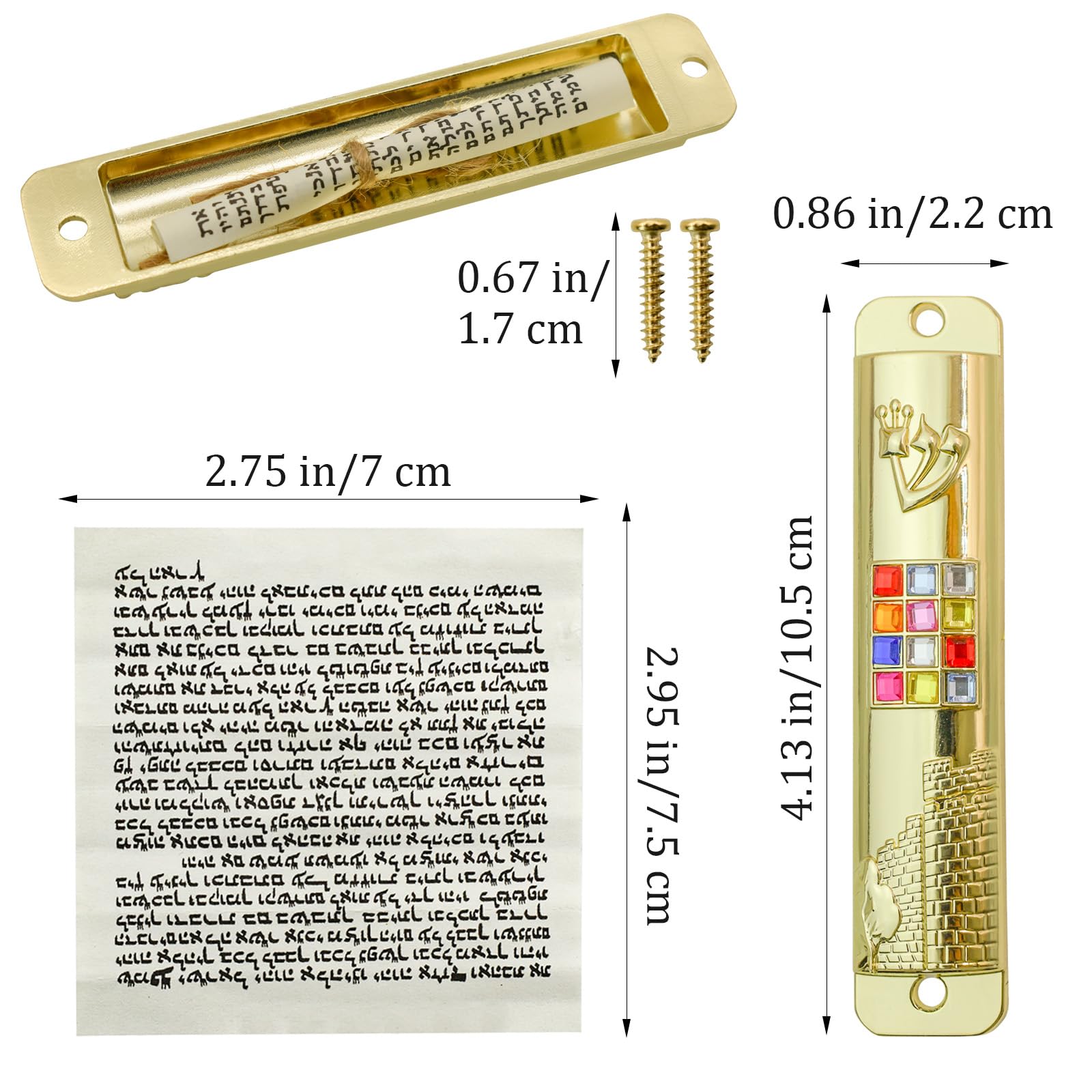 Mezuzah with Scroll for Door, Metal Mezuzah Case with 12 Tribes of Israel Hoshen Stones for Hebrew Home Blessing, Jewish Gifts, Jewish House Warming Decor, Christmas, Easter (Gold)