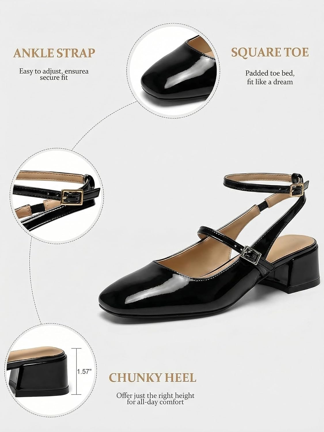 Womens Square Toe Mary Jane Pumps Chunky Low Heels Ankle Strap Slingback Wedding Party Dress Shoes