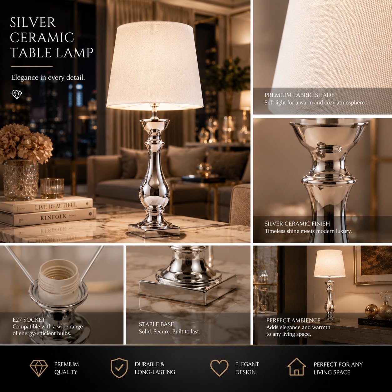 Tischlampe Silber Keramik 60 cm mit Weißem Stoffschirm – Nachttischlampe Schlafzimmer, Moderne Tischleuchte Wohnzimmer, E27 Tischleuchte mit Kabelschalter, Dekolampe, Leselampe für Büro & Flur