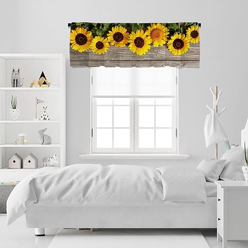 Miniatura 5 de Yilinata Juego de cortinas de madera con girasol para ventana con cenefa de 26 pulgadas de largo, 3 piezas de cortinas de cocina de girasoles estilo