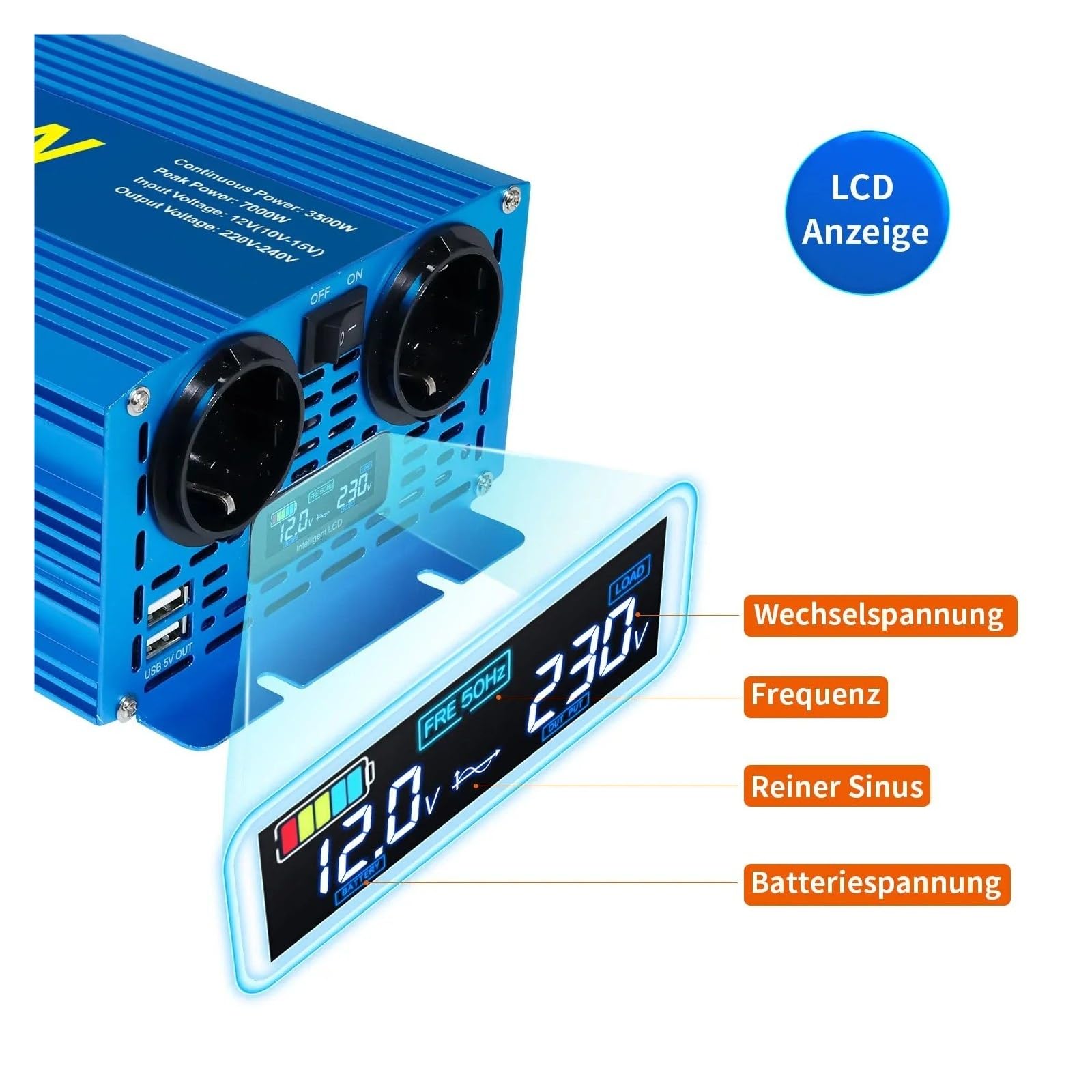 Converter Invertitore 2500W/5000W 3500W/7000W Inverter Onda Sinusoidale Per Pura DC 12V/24V AC 220V 230V Convertitore Tensione Adattatore Ricarica Presa UE(12V 2000W)