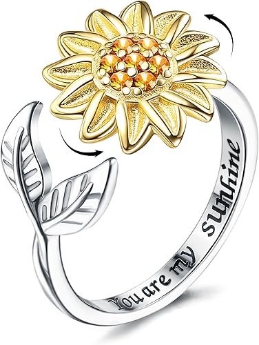 Anillos de plata de ley 925 con girasol, anillo de ansiedad para mujer, para aliviar la ansiedad y el estrés, anillos giratorios de flor con