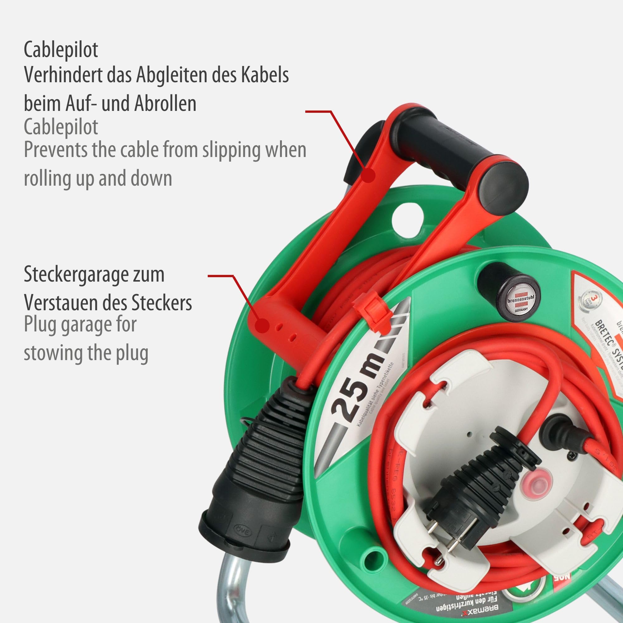Brennenstuhl Garant G Bretec Enrouleur de câble de jardin, IP44, pour tondeuse à gazon, avec câble de 23 + 2 m, rouge, plastique spécial, utilisation à court terme en extérieur, fabriqué en Allemagne