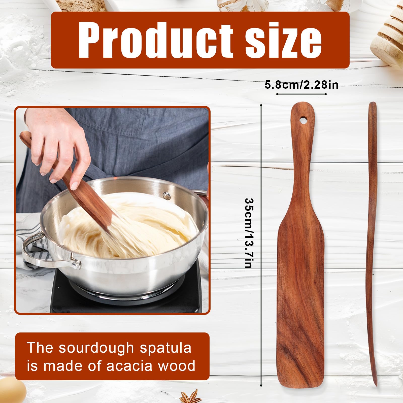 13.7in Wooden Spurtle Spatula Stir Stick with Hanging Hole - Sourdough Mixer Tool & Spreader