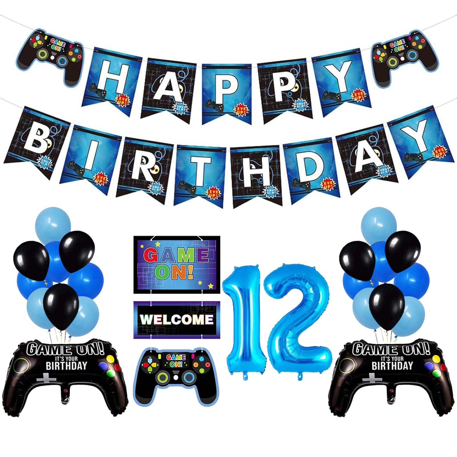 12th Birthday Decorations - Gaming Theme Party Set with Happy Birthday Banner, Game Controller & Number 12 Balloons, 12 Birthday Decorations Elegant 12th Birthday Decorations Boy