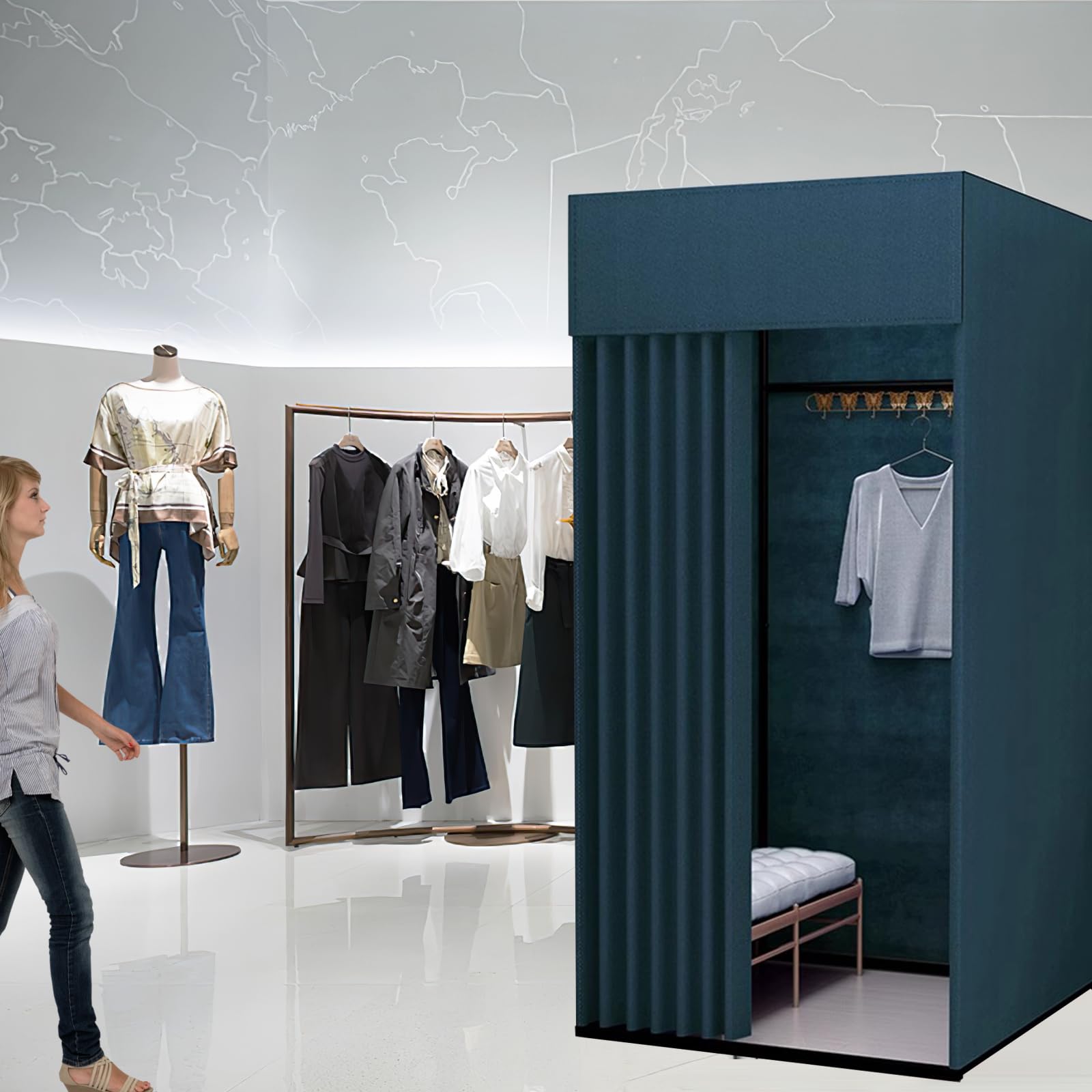 clothing store fitting room with shading curtain, portable temporary mobile privacy protection dressing room, foldable mall simple changing room for office outdoor activity, 200x100x95cm(dark blue)
