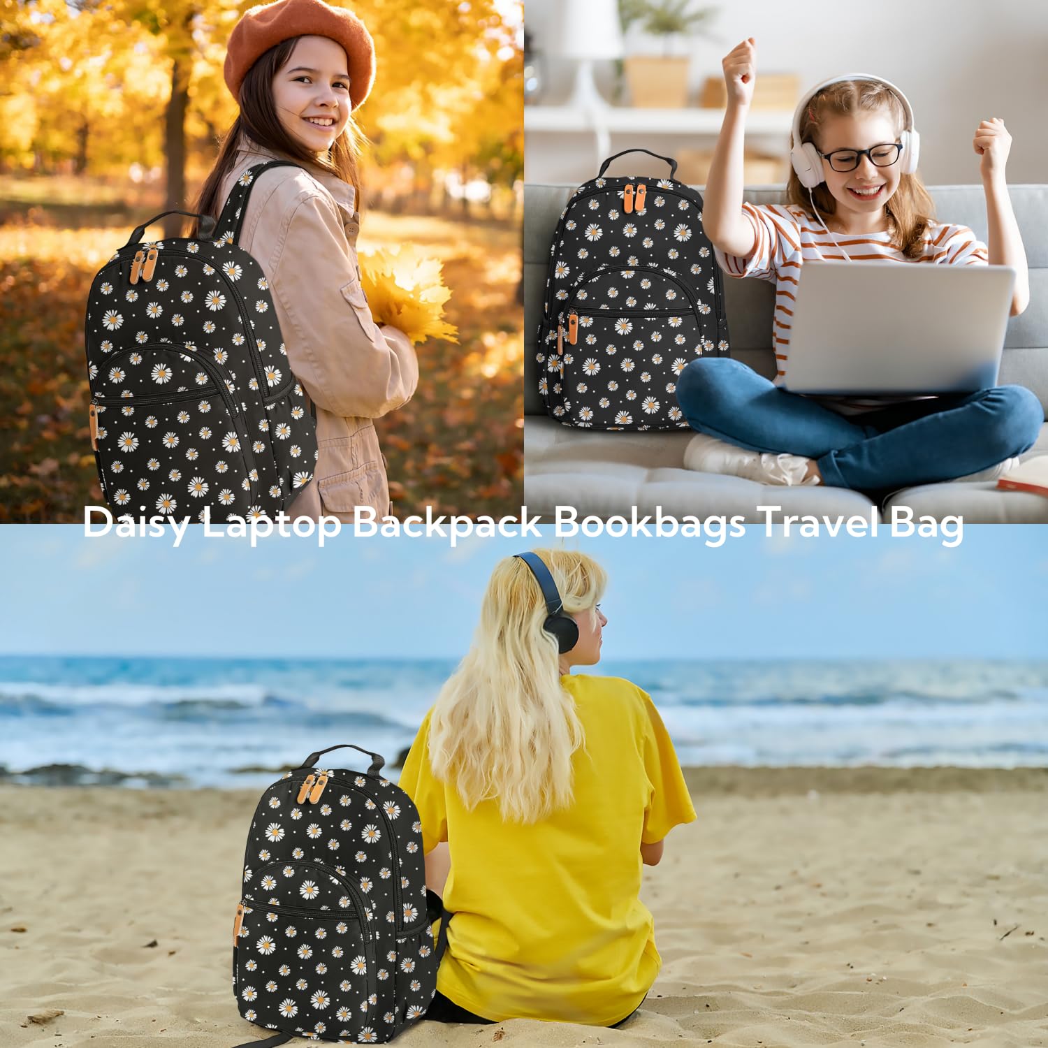 Leaper Daisy Printing Laptop Backpack Travel Backpack for Women School Backpack for Girls Kids College Daypack Bookbags Satchel Black