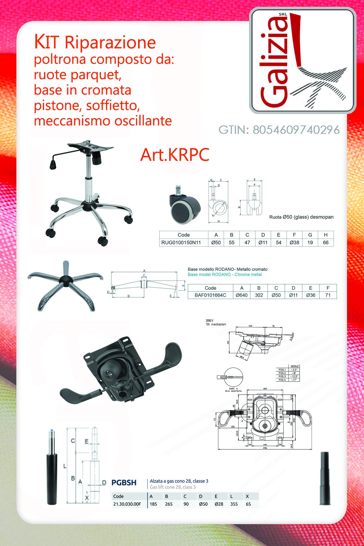 GALIZIA KIT RIPARAZIONE SEDIA POLTRONA DA UFFICIO CROMATO