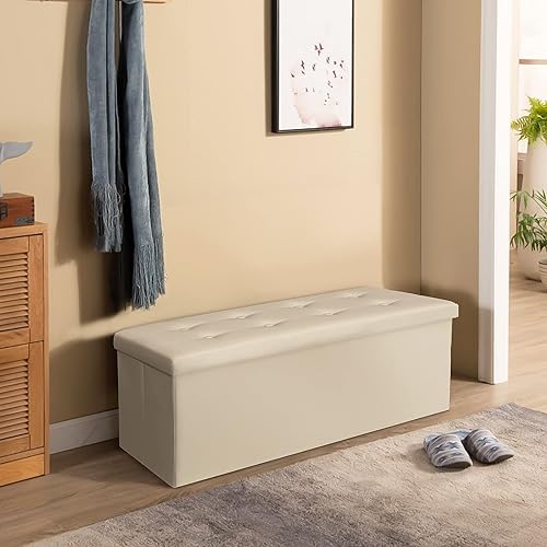 Miniatura 14 de AKSG Otomana plegable de 43 pulgadas con banco de almacenamiento para dormitorio, grande, de piel sintética, reposapiés, asiento acolchado para