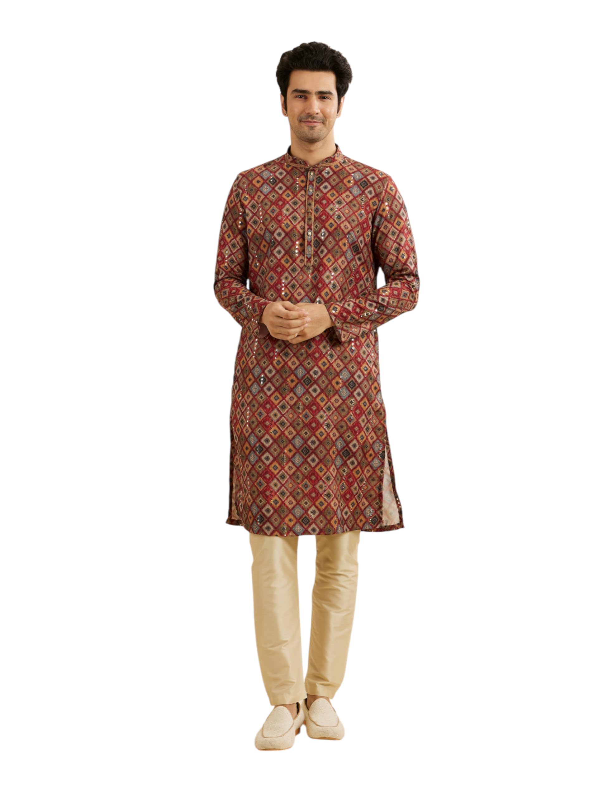 manyavar Men's Viscose Blend Printed | Mirror Work Kurta Pyjama Set (2pcs)-picture-17