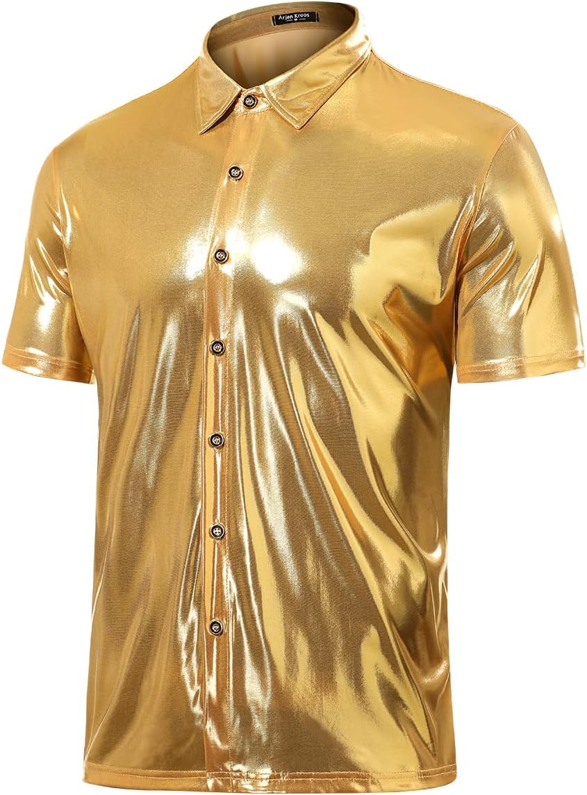 Arjen Kroos Mens Sequin Top 70s Outfit Disco Rave Party Collared T-Shirt Short Sleeve Breathable Metallic Shirt