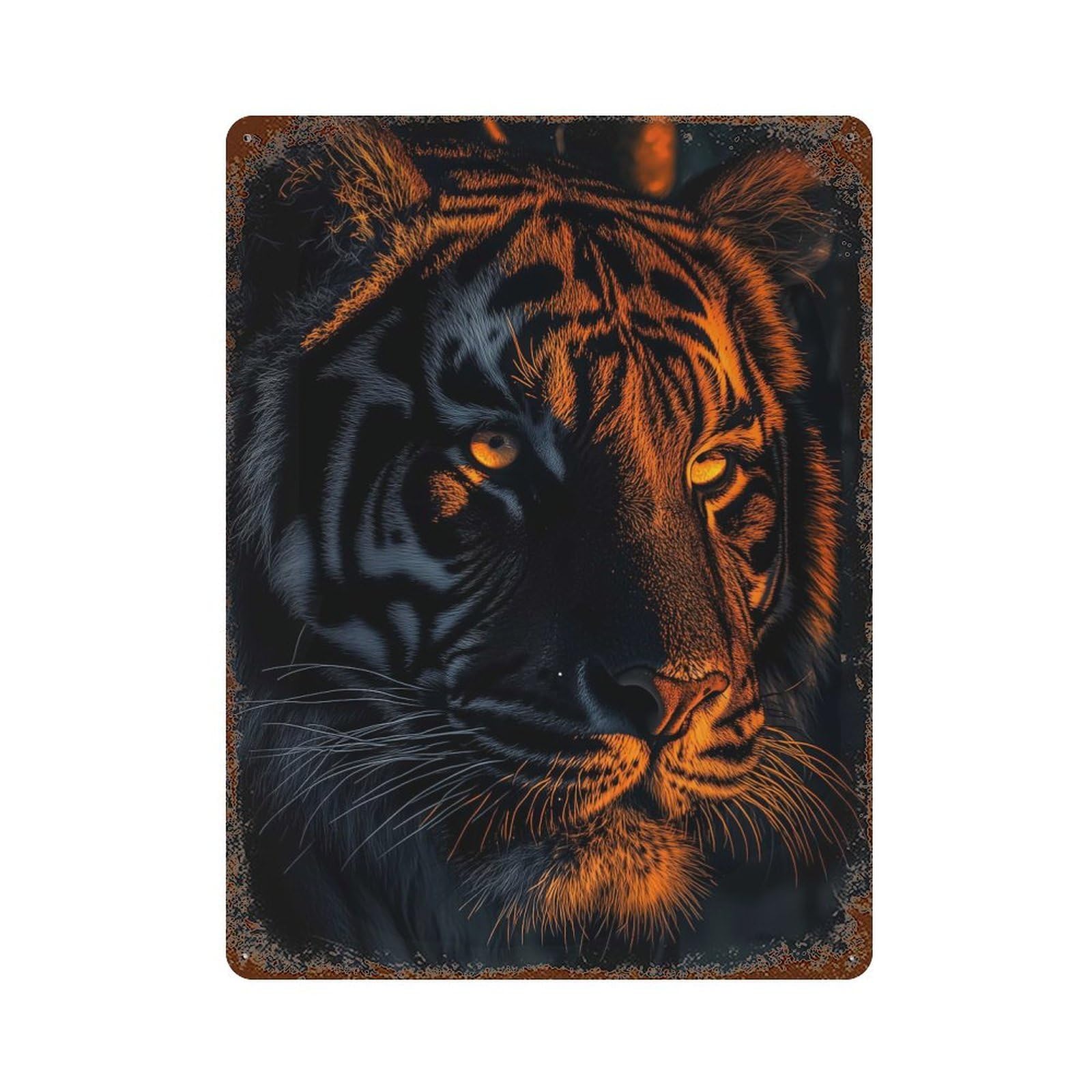 Tiger Portrait with Orange Lighting Vintage Metal Tin Sign 15.7"x11.8", Vintage Wall Decor for Garage, Pub Or Kitchen