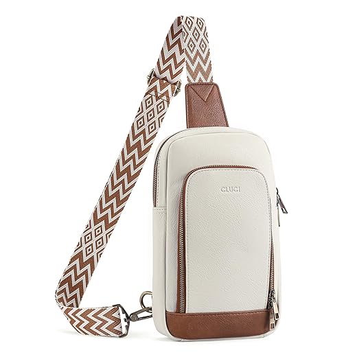 CLUCI Sling Bag for Women, Leather Crossbody Bags for Women Trendy, Fanny Pack for Men/Women, Large Sling Backpack Chest Bag, Cross body Bag Women for Travel Hiking Beige with Brown
