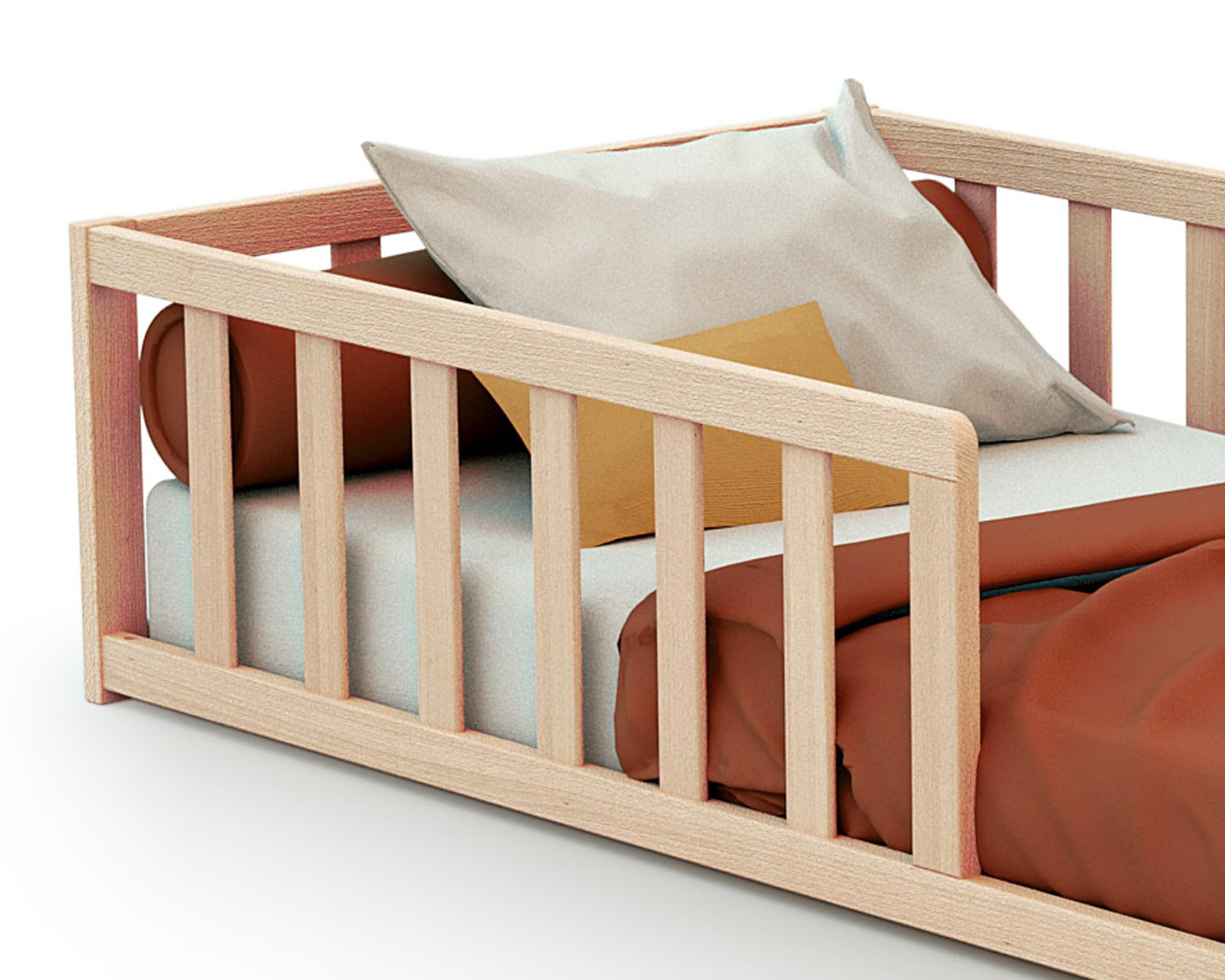 WEBABY - Lit Enfant au Sol Bois 70 x 140 cm KAÏA | avec barrières Anti-Chutes | Lit Junior | Sommier à Lattes Inclus | Autonomie | Sécurité (Beige, Lit de bébé)