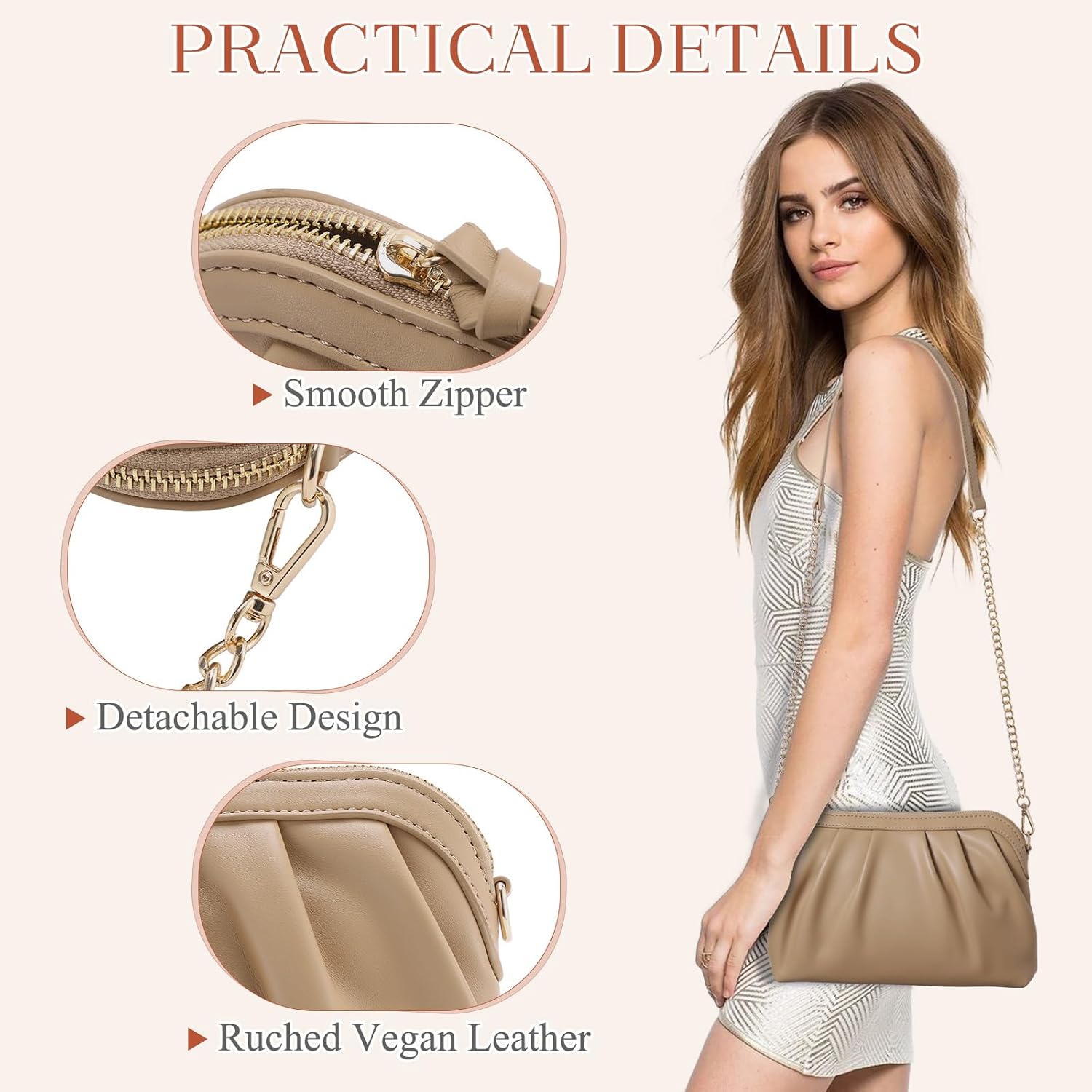 VASCHY Clutch Purse for Women,Fashion Ruched Vegan Leather Small Formal Evening Handbag Crossbody Shoulder Bag Wedding,Party
