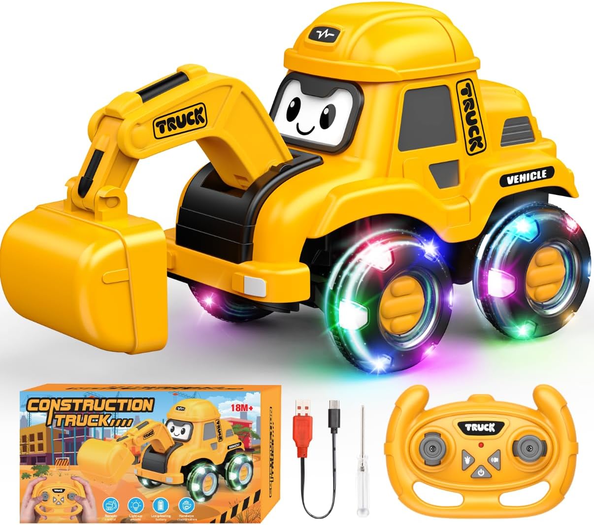 Toyjolka Toddler Remote Control Car with Flashing Light Wheels for 2 3 4 5 6 Year Old Boys Girls, USB Rechargeable Construction Excavator Toy for Toddlers 2-6 Great Birthday Gift Idea for Kids