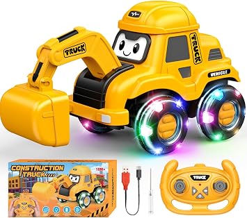 Toyjolka Toddler Remote Control Car with Flashing Light Wheels for 2 3 4 5 6 Year Old Boys Girls, USB Rechargeable Construction Excavator Toy for Toddlers 2-6 Great Birthday Gift Idea for Kids
