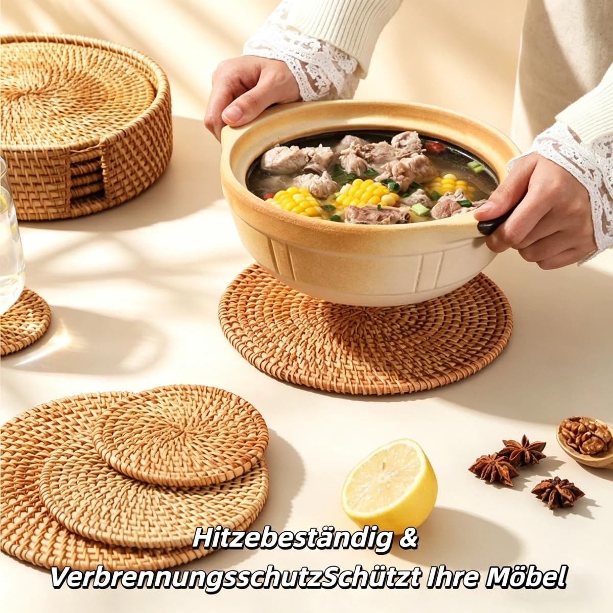 Runde Rattanuntersetzer handgeflochten | 6er Set (13–25 cm, 6 Größen) | hitzebeständig & rutschfest | waschbar & pflegeleicht | Topfuntersetzer Tassenuntersetzer für Küche Esstisch (Ø25cm,6)