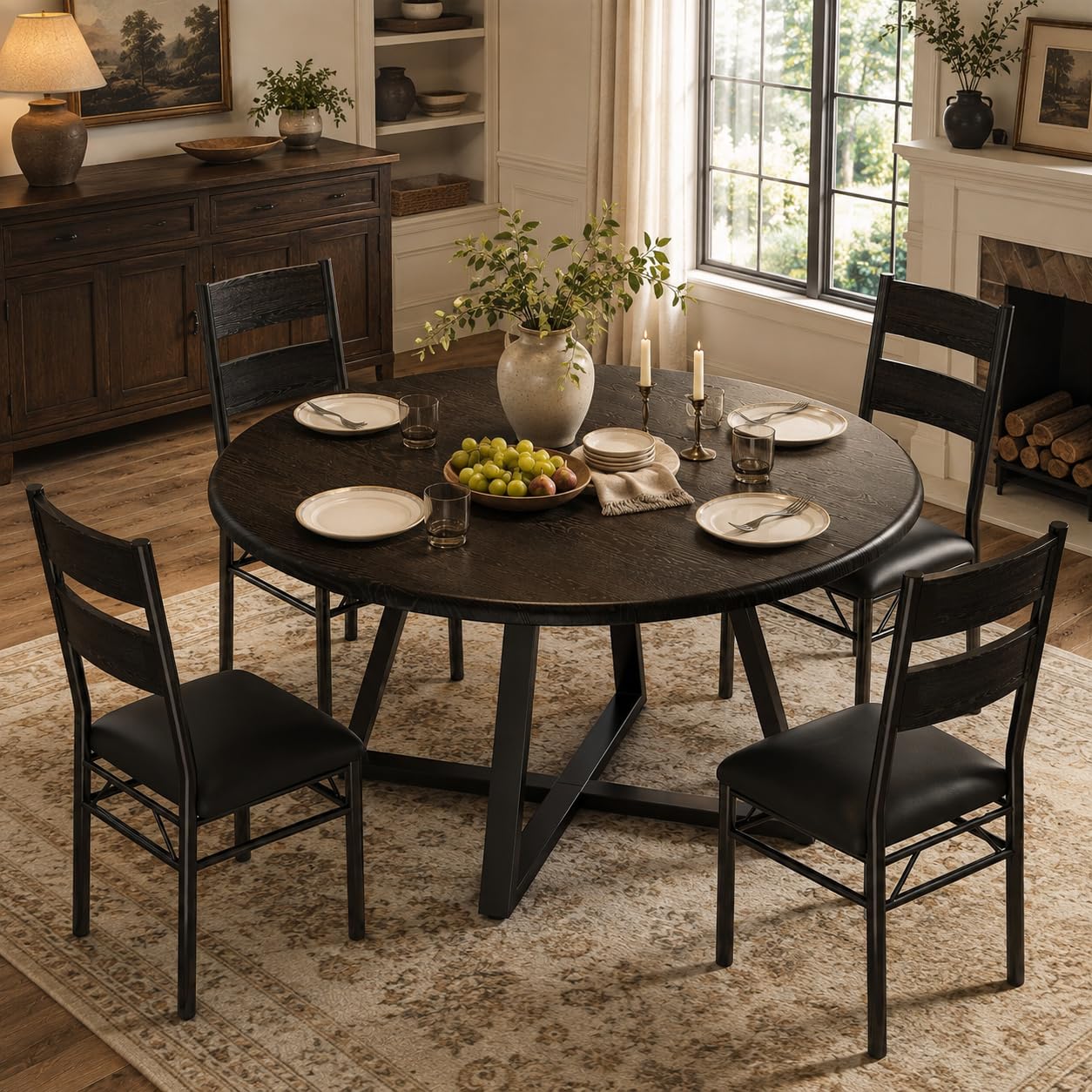 5 Piece Round Dining Table Set for 4, Kitchen Set, Rustic Black