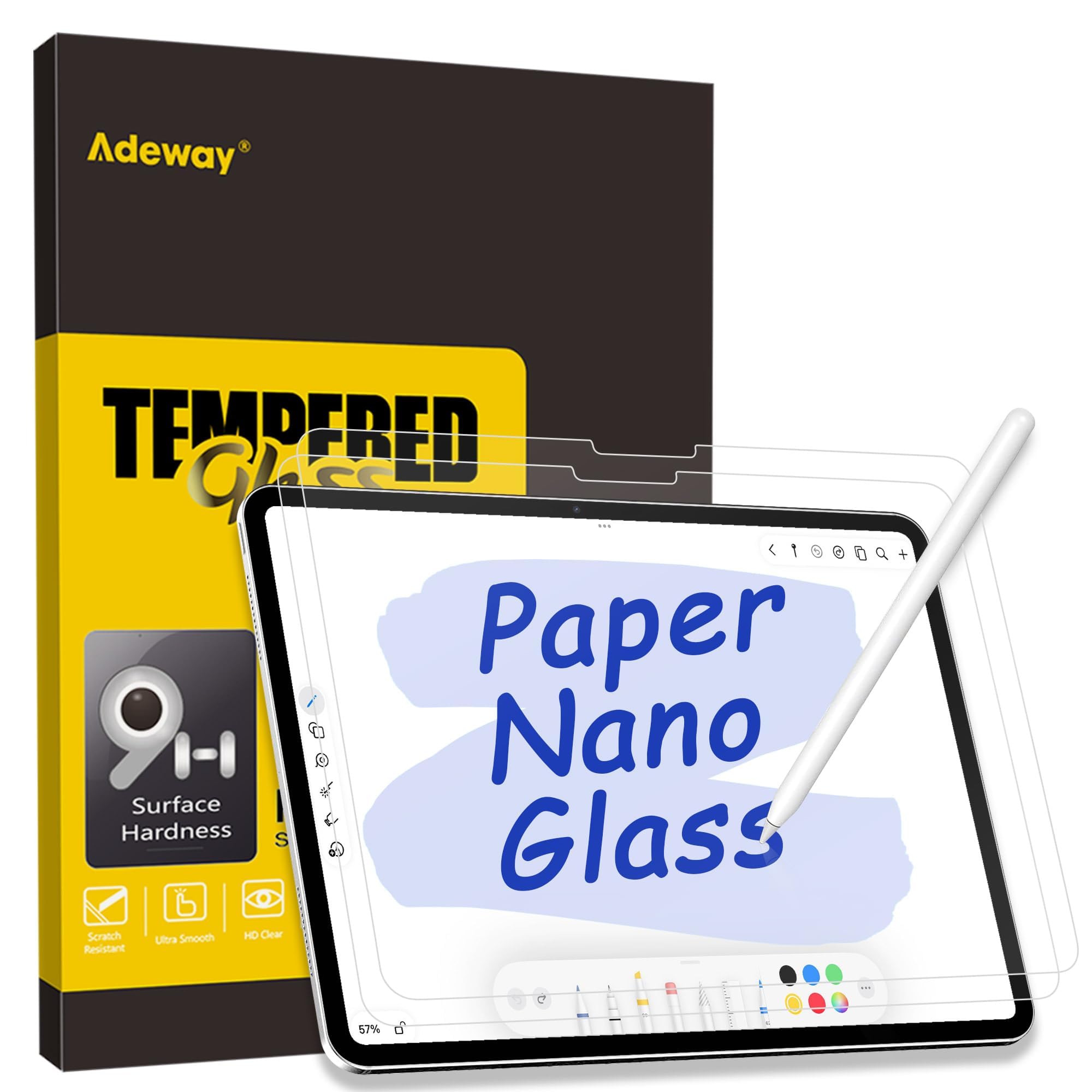 AdewayiPad Air 11 Inch Screen Protector (2025 M3 & 2024 M2)– Matte Tempered Glass for Writing & Drawing, Paper Texture Feel, Anti-Glare, Easy Install, 2 Pack