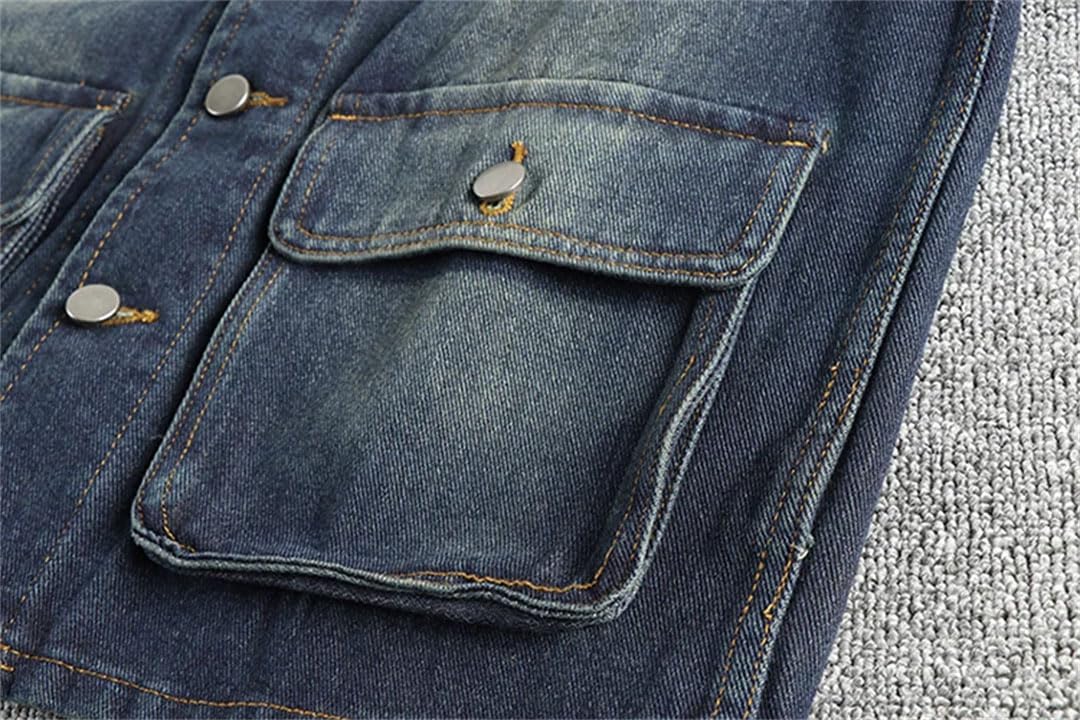 Gilet da uomo in denim stile retrò invecchiato senza maniche con design multi-tasca