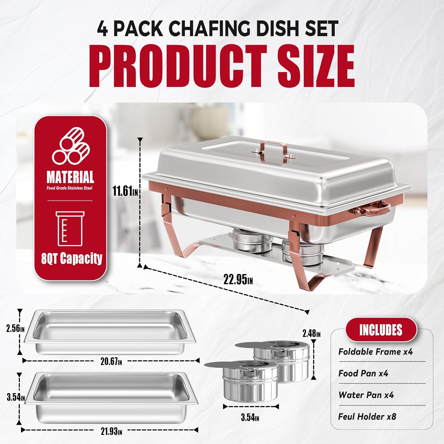 IMACONE Chafing Dish Buffet Sets of 4, 8QT Stainless Steel Rectangular Chafers and Buffet Warmer Sets for Catering, with Food & Water Pan, Lid, Rose Gold Foldable Frame, Fuel Holder for Event Party