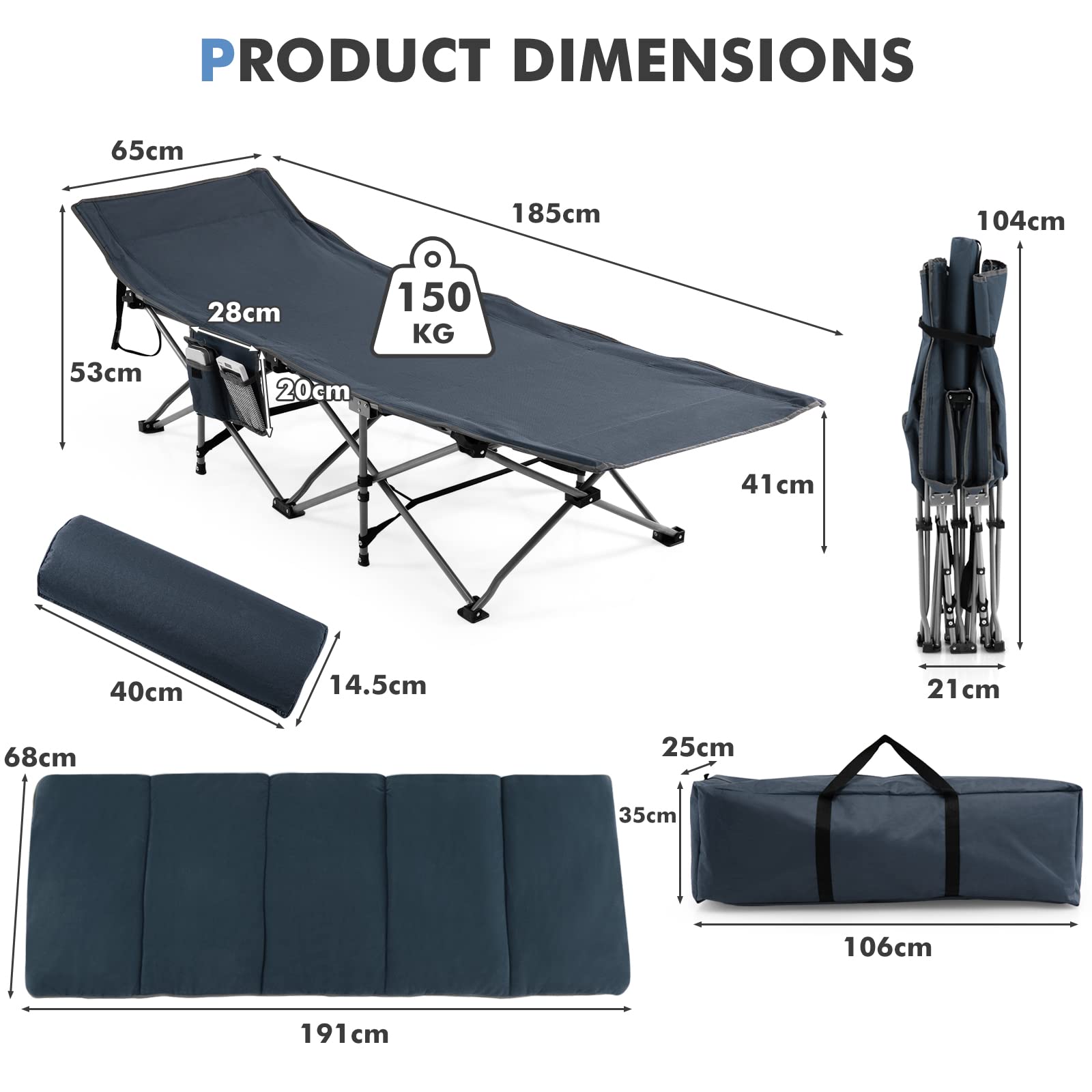 LIFEZEAL Letto da Campeggio, Brandina da Camping Pieghevole e Portatile, con Materasso e Cuscino, Tasca Laterale, con Borsa per Trasporto, per Interno e Esterno, Peso Max 150 kg, 185x65x53 cm, Blu