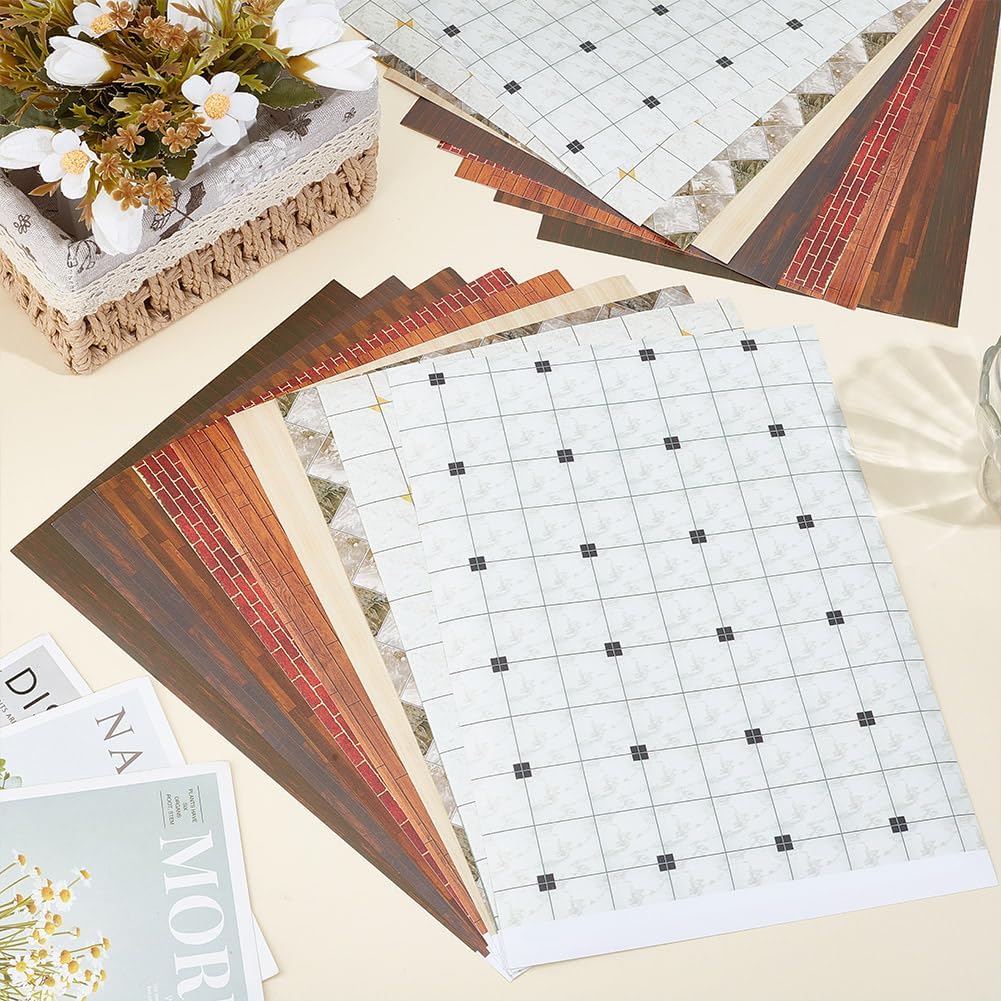 OLYCRAFT 18Pcs 9 Styles Miniature Flooring and Wallpaper 12x8 Inch Mini House Flooring Decoration Mini Wall Paper Self Adhesive Floor Tiles DIY Miniature Ornaments for Miniature Scene Model