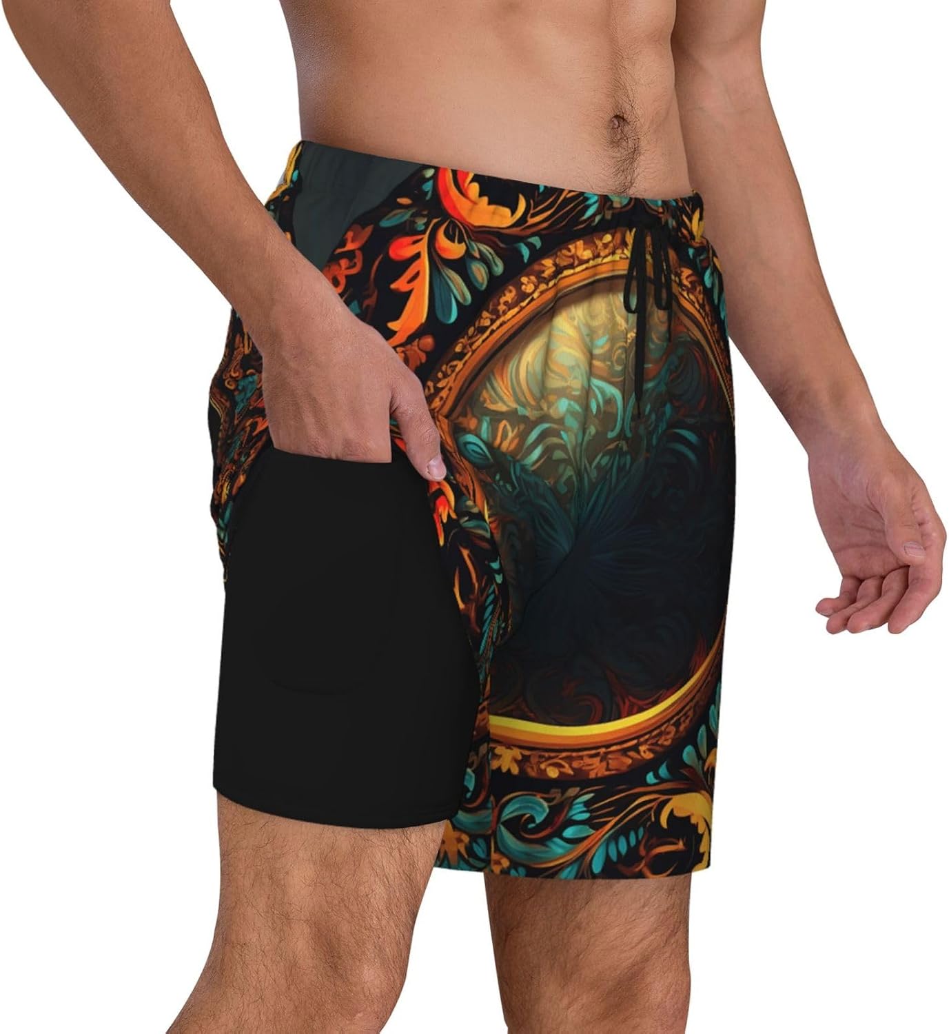 Men's Swim Trunks 2 in 1 Quick Dry Bathing Suits Fantastic Mirror Beach Board Shorts Swimwear