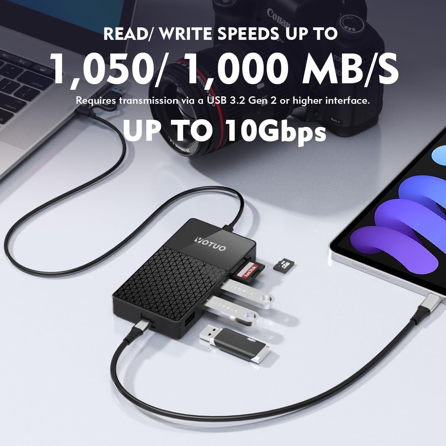 M.2 NVMe SSD Enclosure with Hub & Card Reader, 10Gbps USB-C 3.2, External Solid State Drive Case for 2230/2242/2260/2280, SD/TF Card Reader, USB Hub, Compatible with Windows/Mac/Android/iOS