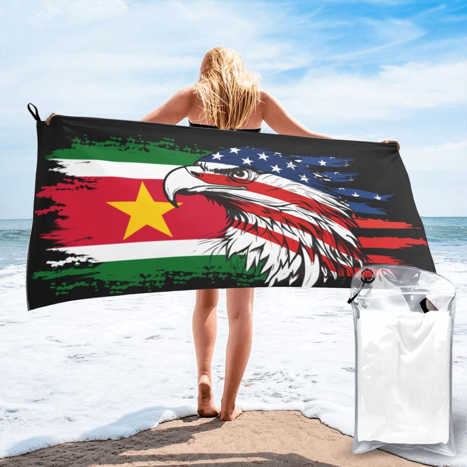 HACXZ America Flag and Suriname Flag Microfiber Beach Towel Lightweight Absorbent Travel Pool for Men Women 31.5"X63"