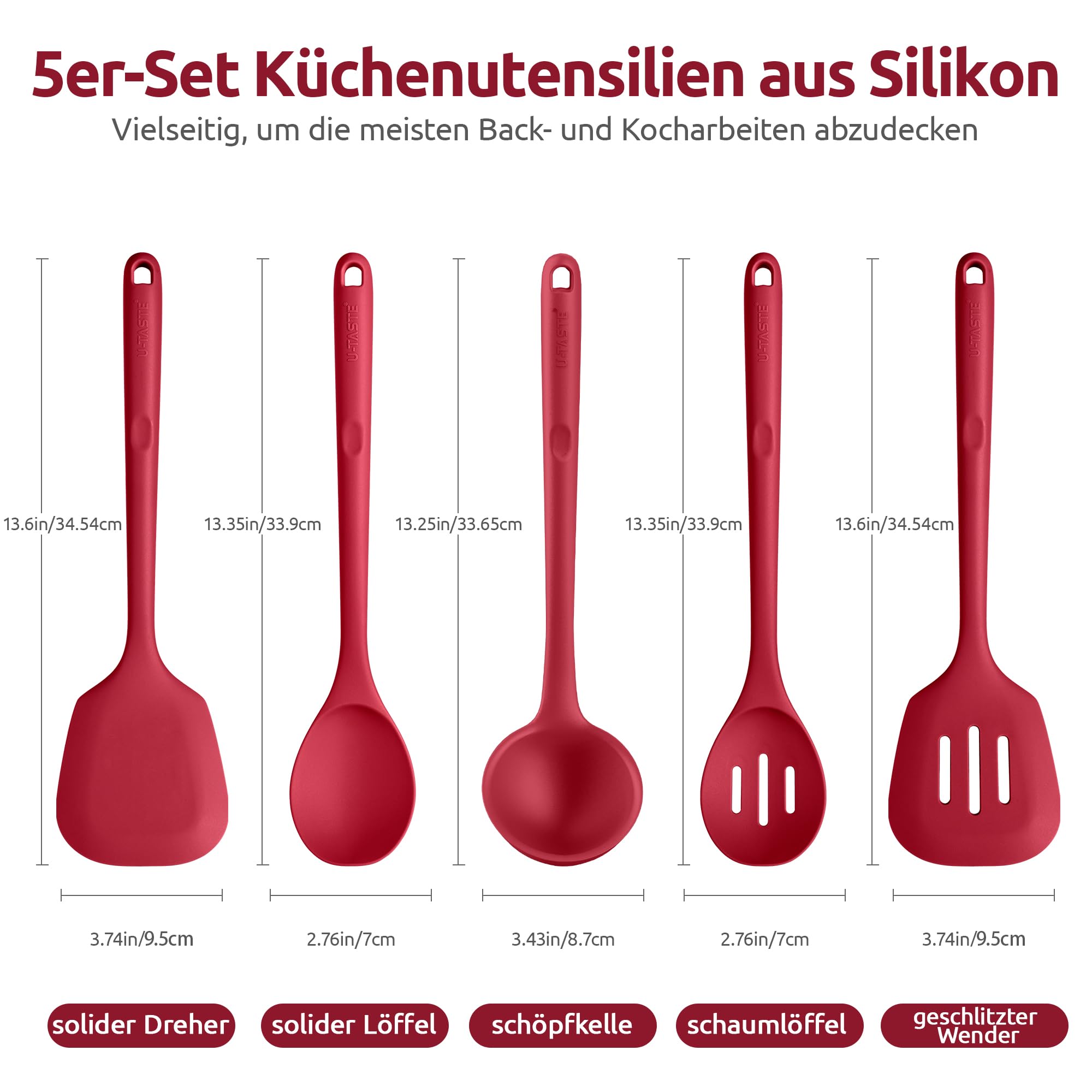 U-Taste 5 Stück Silikon Küchenhelfer, 315℃ hitzebeständiger, Rot | Kochutensilien, antihaftbeschichtetes Pfannenwender Löffel zum Mischen Servieren Braten Rühren